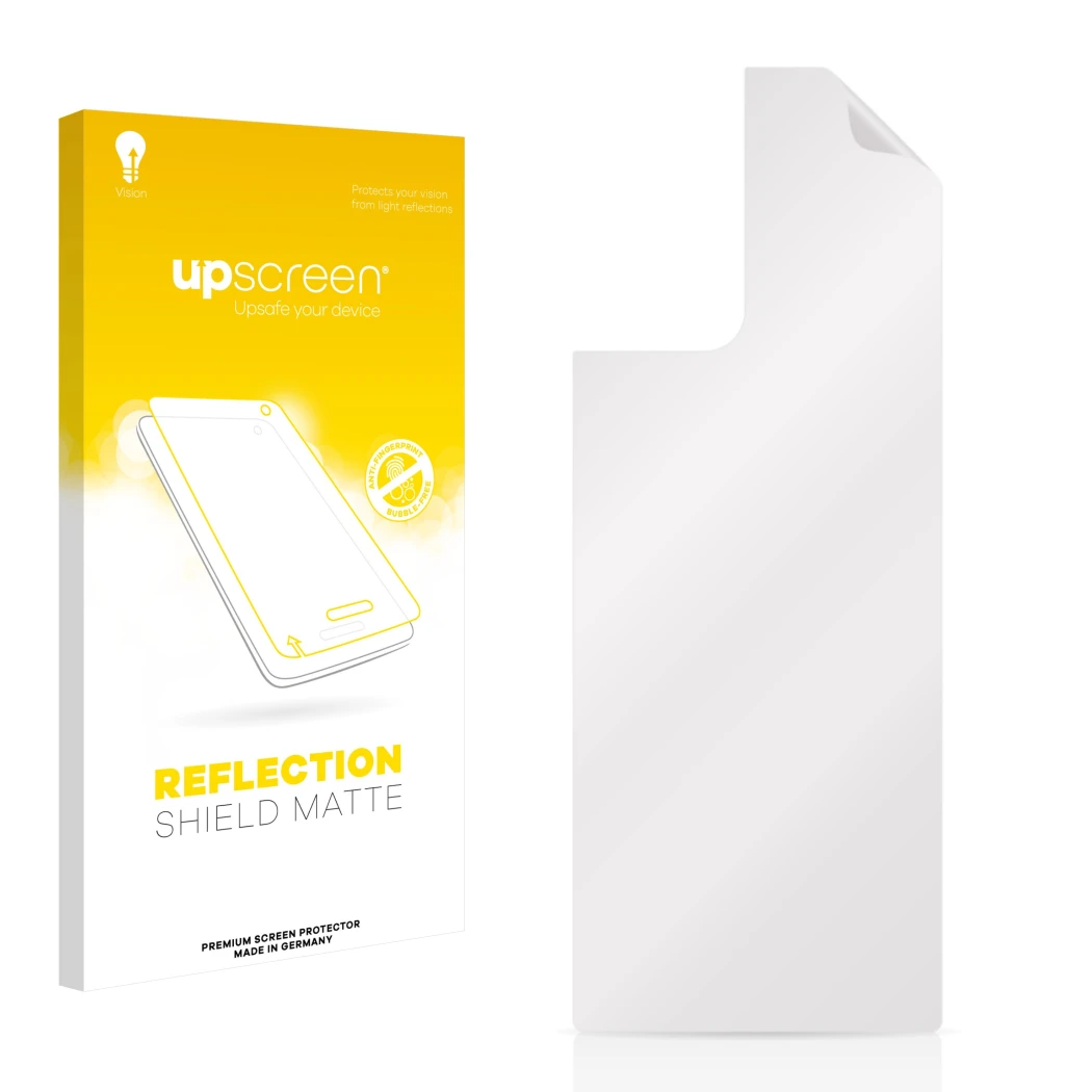 Face avant d’un emballage produit avec le logo de la marque upscreen. À côté se trouve la protection d’écran correspondante.
