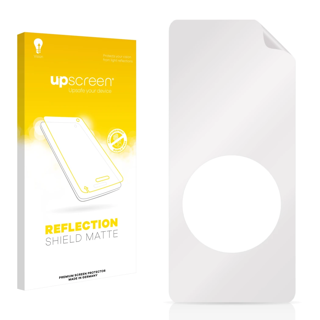 Face avant d’un emballage produit avec le logo de la marque upscreen. À côté se trouve la protection d’écran correspondante.
