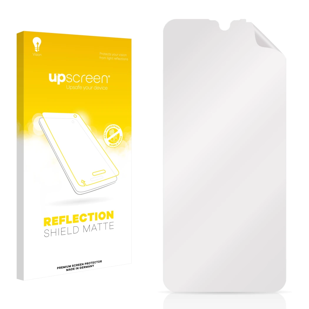 Face avant d’un emballage produit avec le logo de la marque upscreen. À côté se trouve la protection d’écran correspondante.