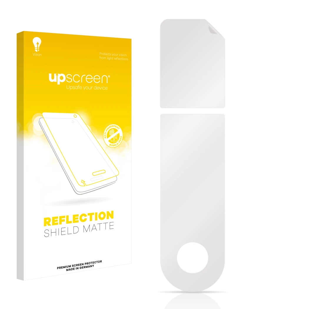 Face avant d’un emballage produit avec le logo de la marque upscreen. À côté se trouve la protection d’écran correspondante.
