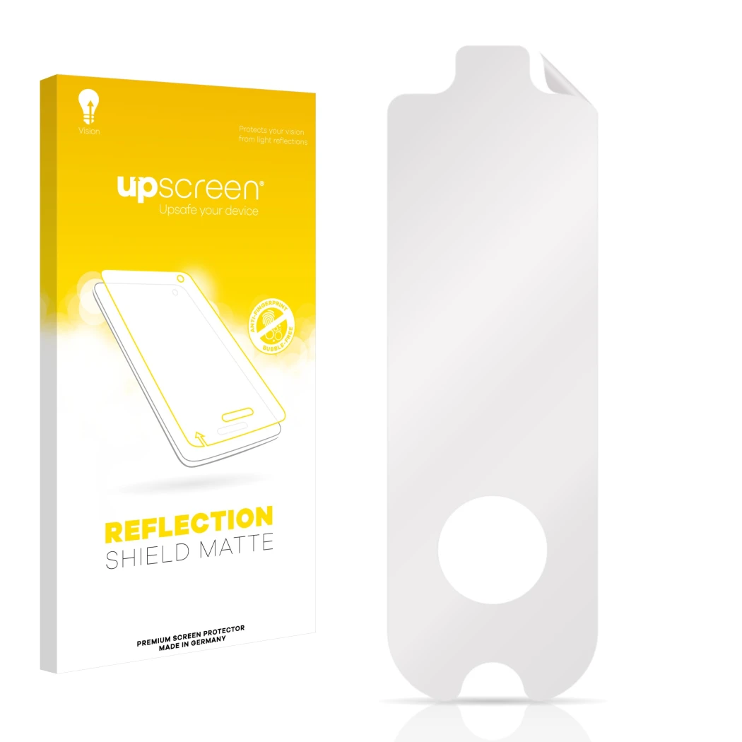 Face avant d’un emballage produit avec le logo de la marque upscreen. À côté se trouve la protection d’écran correspondante.