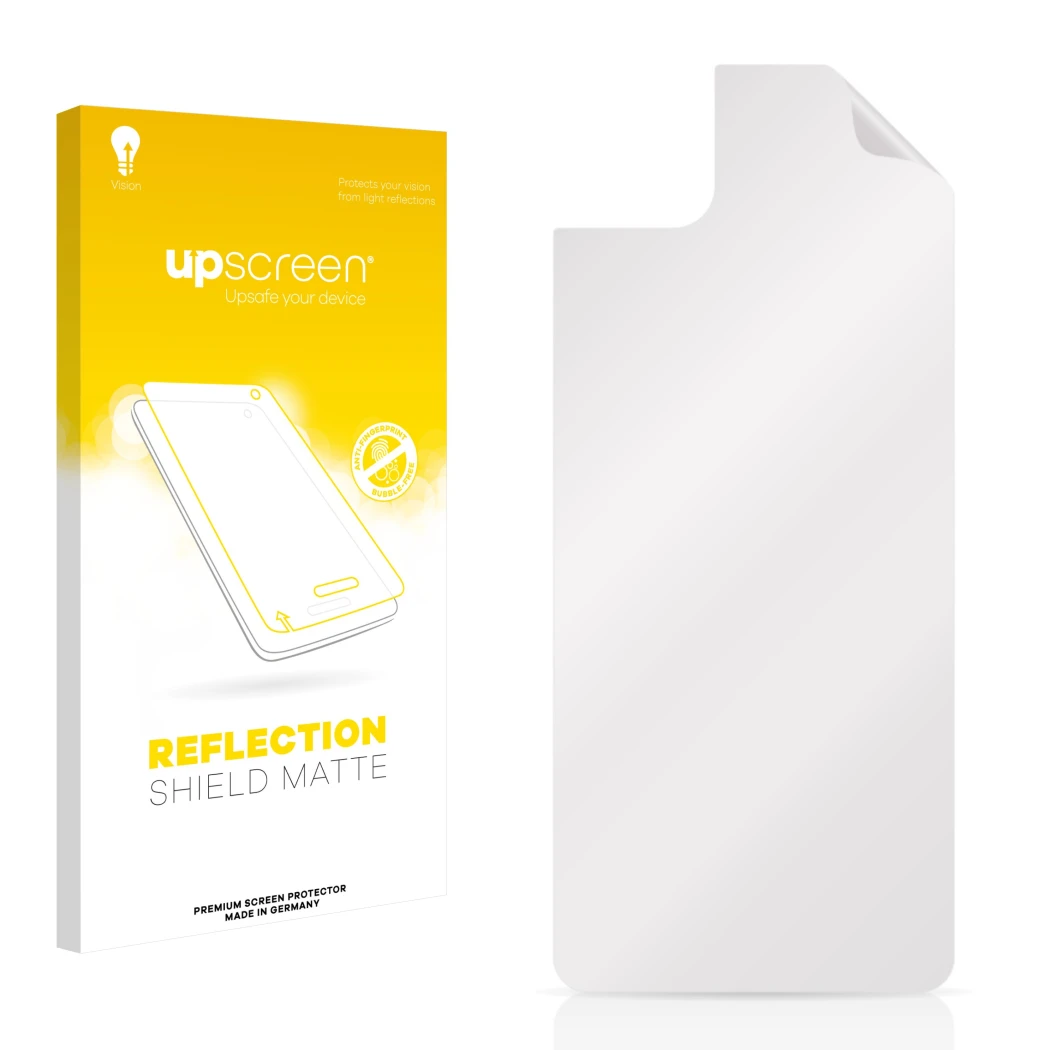 Face avant d’un emballage produit avec le logo de la marque upscreen. À côté se trouve la protection d’écran correspondante.