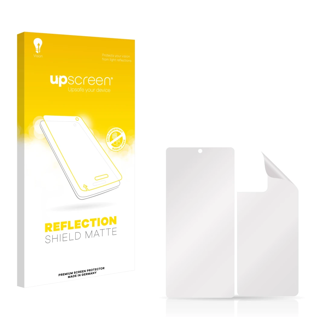 Face avant d’un emballage produit avec le logo de la marque upscreen. À côté se trouve la protection d’écran correspondante.