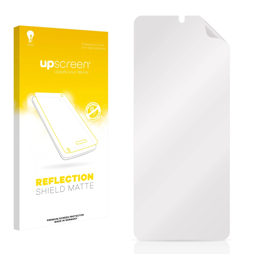 Face avant d’un emballage produit avec le logo de la marque upscreen. À côté se trouve la protection d’écran correspondante.