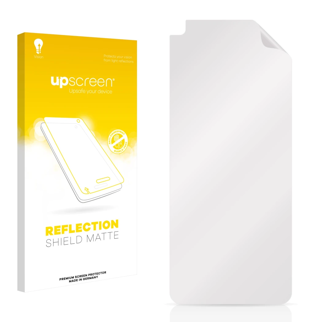 Face avant d’un emballage produit avec le logo de la marque upscreen. À côté se trouve la protection d’écran correspondante.