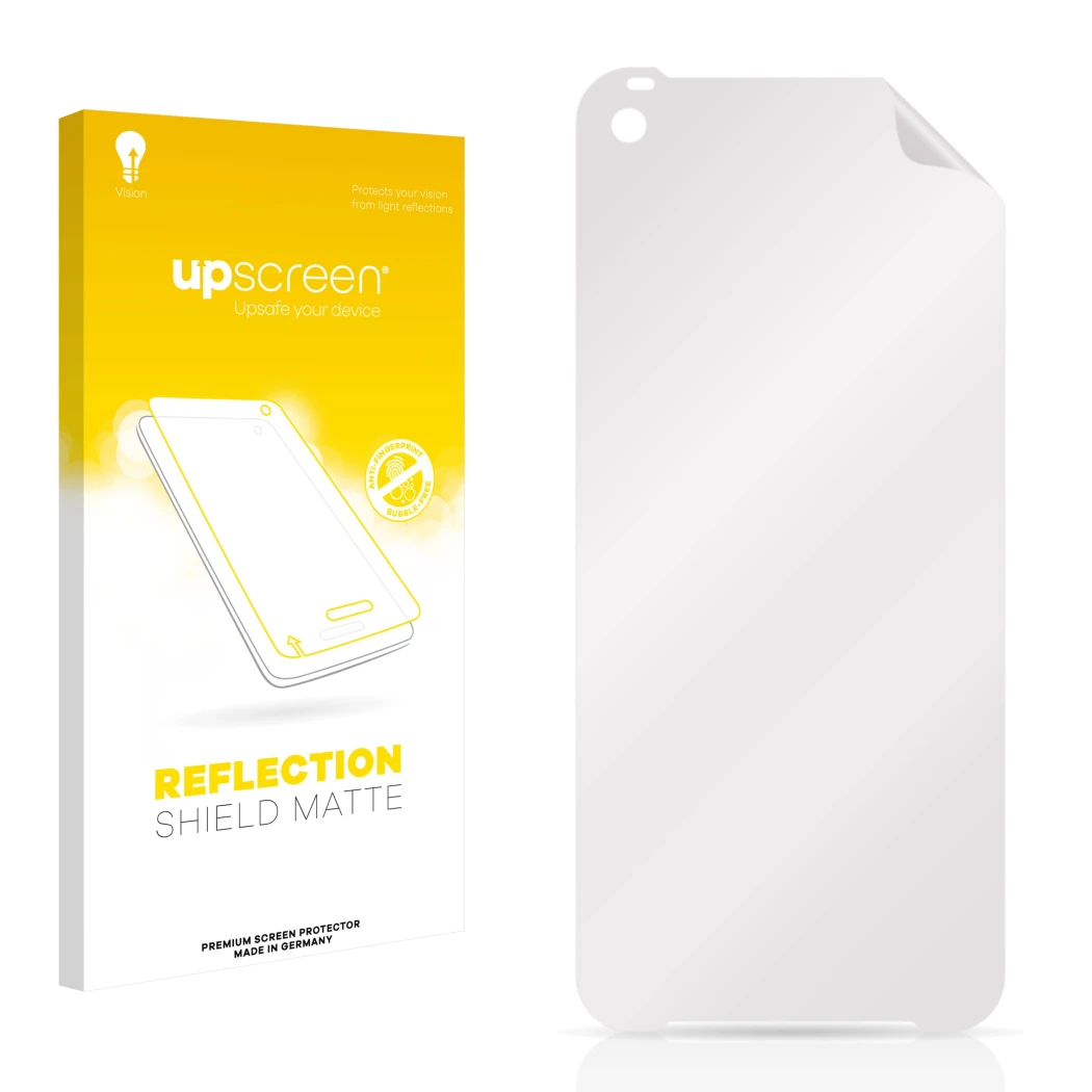 Face avant d’un emballage produit avec le logo de la marque upscreen. À côté se trouve la protection d’écran correspondante.