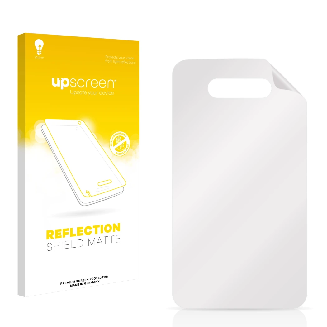 Face avant d’un emballage produit avec le logo de la marque upscreen. À côté se trouve la protection d’écran correspondante.