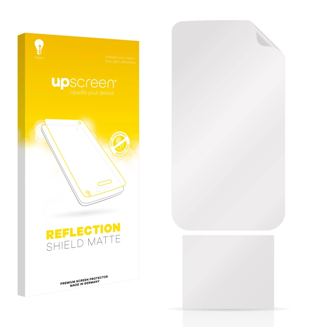 Face avant d’un emballage produit avec le logo de la marque upscreen. À côté se trouve la protection d’écran correspondante.