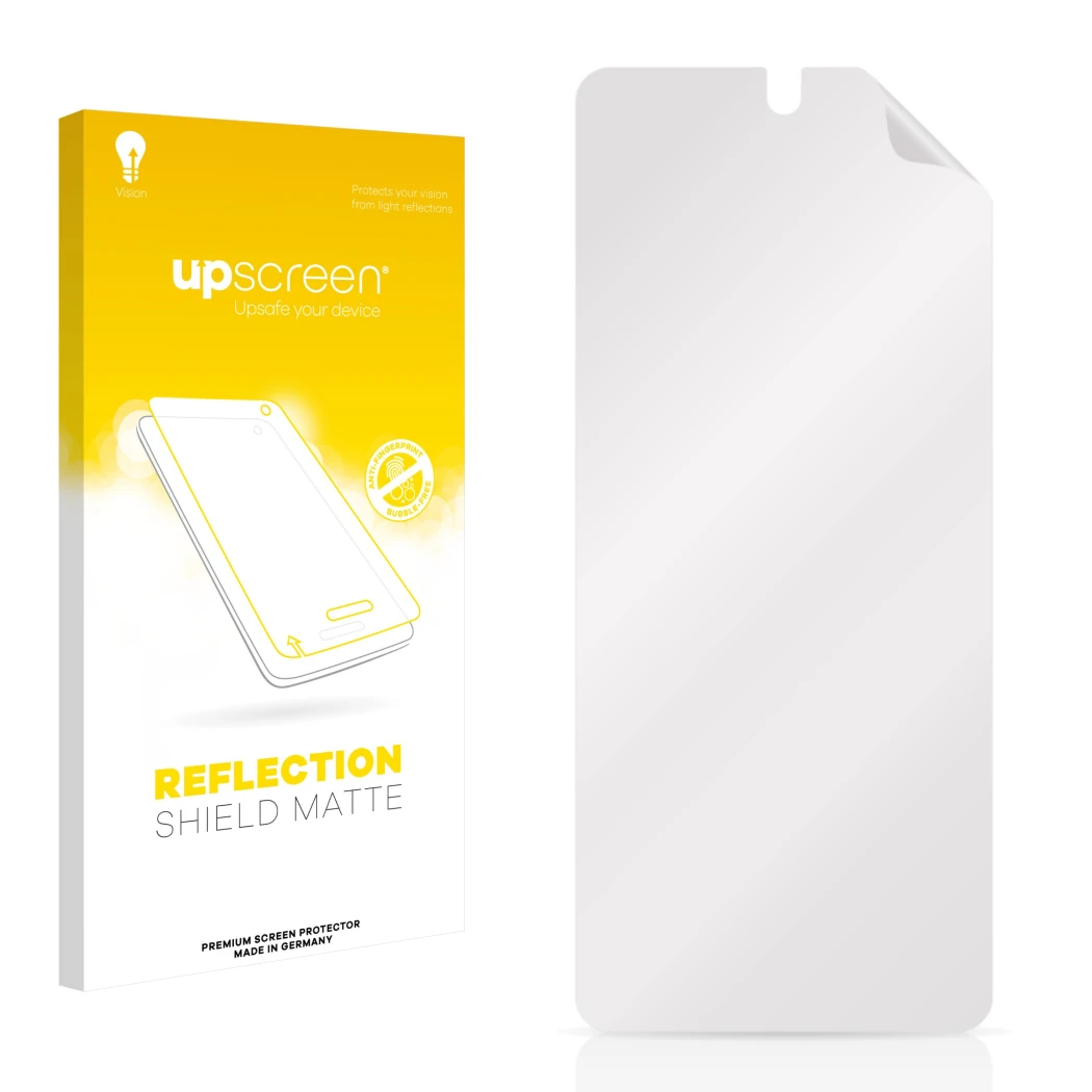 Face avant d’un emballage produit avec le logo de la marque upscreen. À côté se trouve la protection d’écran correspondante.