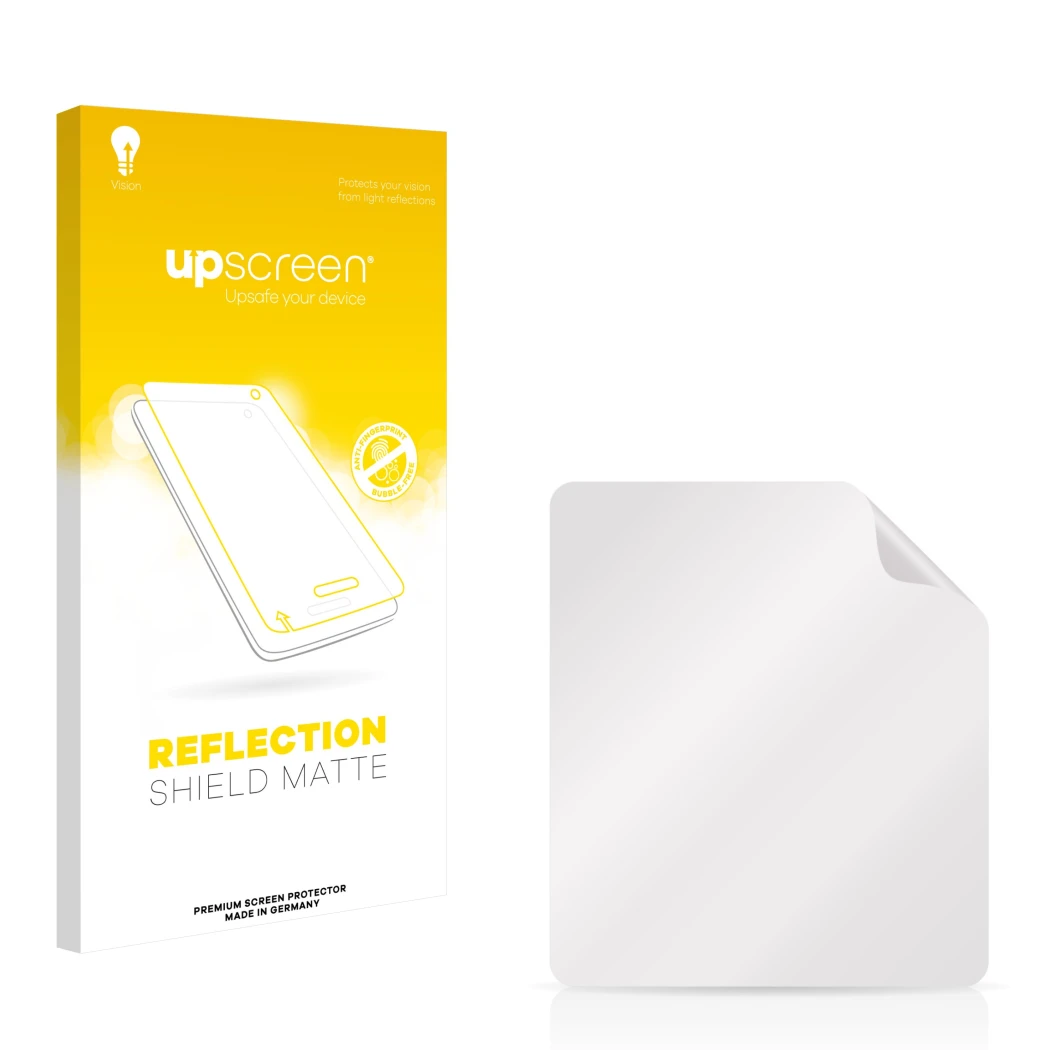 Face avant d’un emballage produit avec le logo de la marque upscreen. À côté se trouve la protection d’écran correspondante.