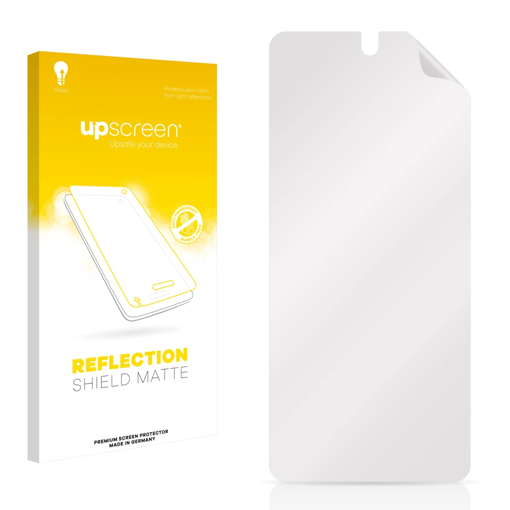 Face avant d’un emballage produit avec le logo de la marque upscreen. À côté se trouve la protection d’écran correspondante.