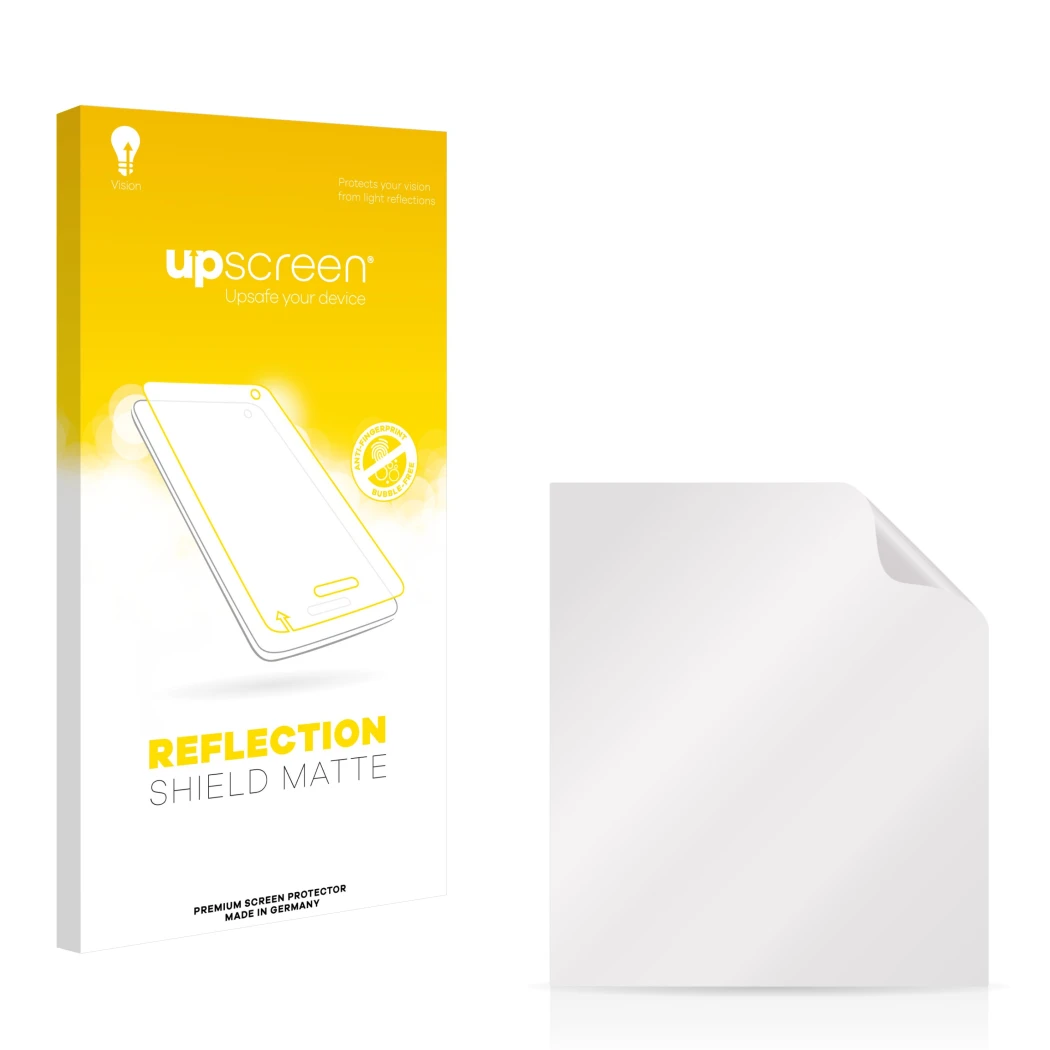 Face avant d’un emballage produit avec le logo de la marque upscreen. À côté se trouve la protection d’écran correspondante.