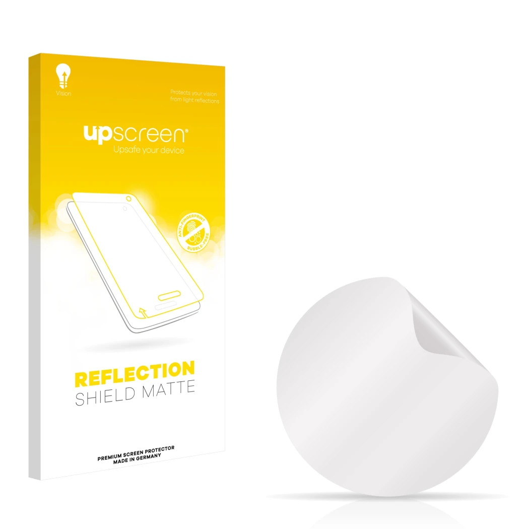 Face avant d’un emballage produit avec le logo de la marque upscreen. À côté se trouve la protection d’écran correspondante.