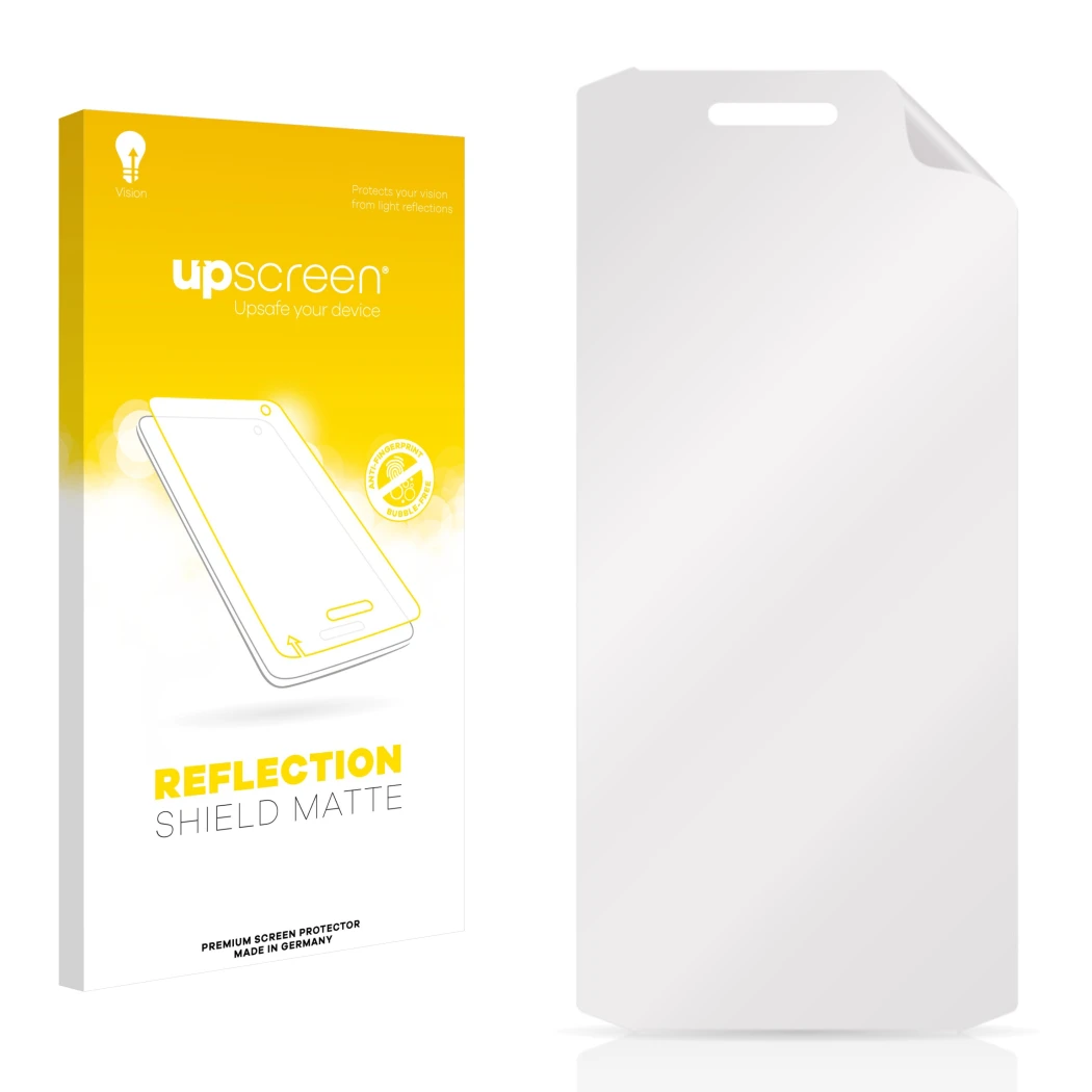 Face avant d’un emballage produit avec le logo de la marque upscreen. À côté se trouve la protection d’écran correspondante.