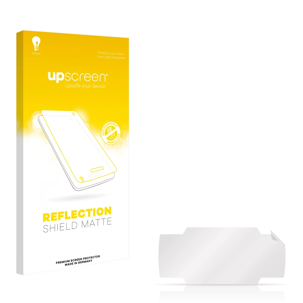 Face avant d’un emballage produit avec le logo de la marque upscreen. À côté se trouve la protection d’écran correspondante.