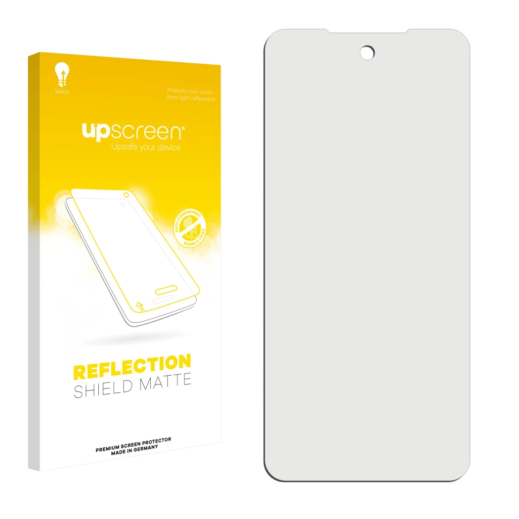 Face avant d’un emballage produit avec le logo de la marque upscreen. À côté se trouve la protection d’écran correspondante.