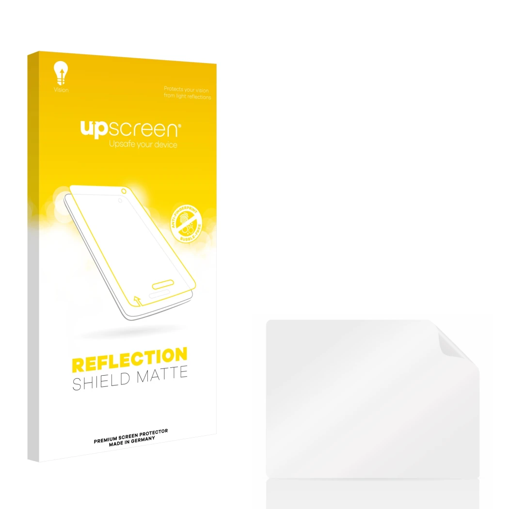 Face avant d’un emballage produit avec le logo de la marque upscreen. À côté se trouve la protection d’écran correspondante.