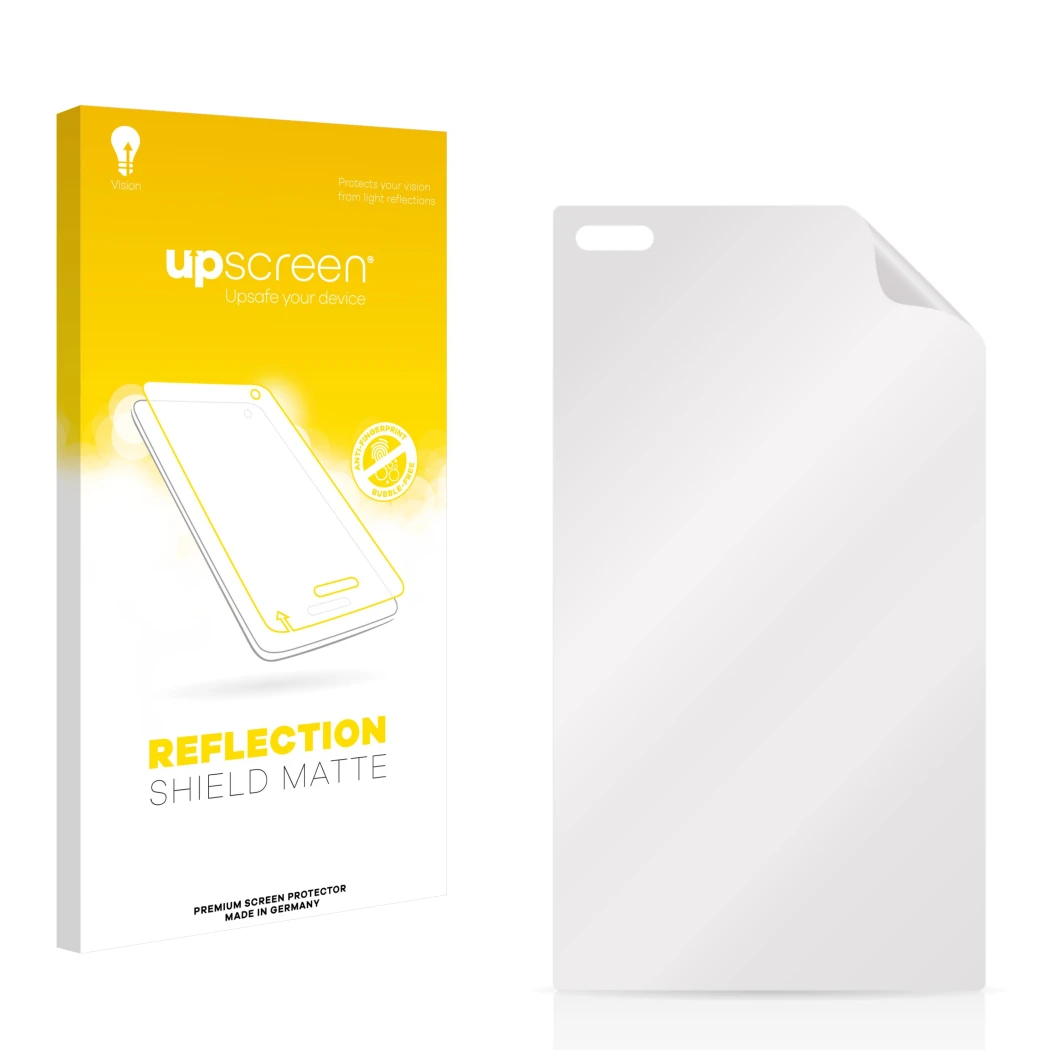 Face avant d’un emballage produit avec le logo de la marque upscreen. À côté se trouve la protection d’écran correspondante.