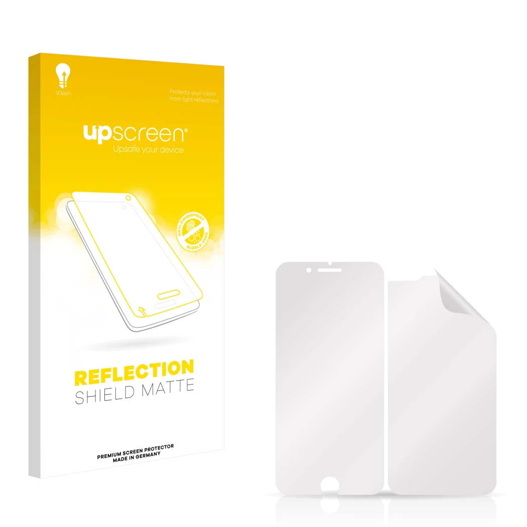 Face avant d’un emballage produit avec le logo de la marque upscreen. À côté se trouve la protection d’écran correspondante.