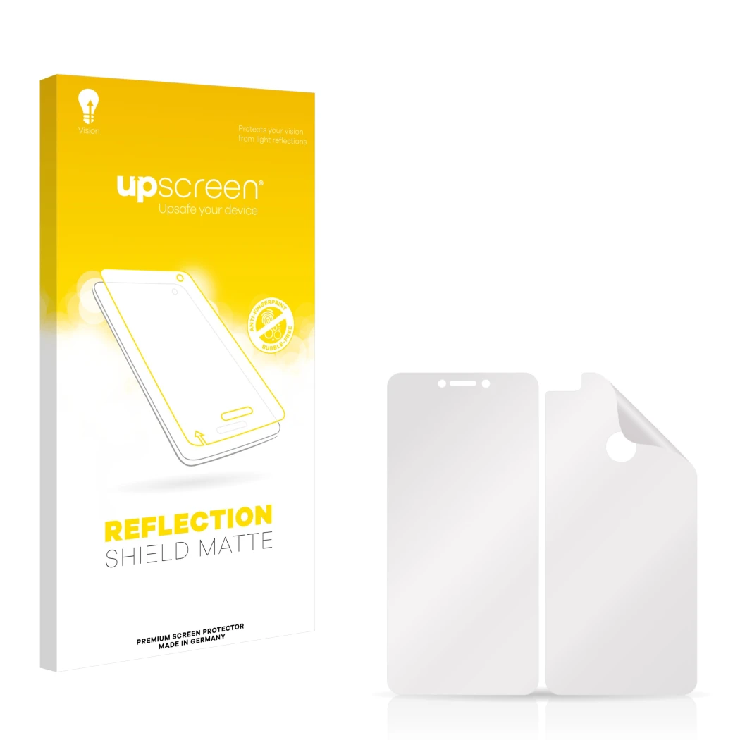 Face avant d’un emballage produit avec le logo de la marque upscreen. À côté se trouve la protection d’écran correspondante.