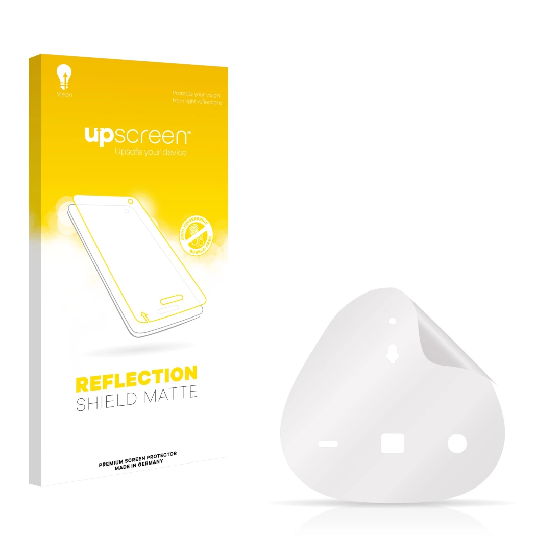 Face avant d’un emballage produit avec le logo de la marque upscreen. À côté se trouve la protection d’écran correspondante.