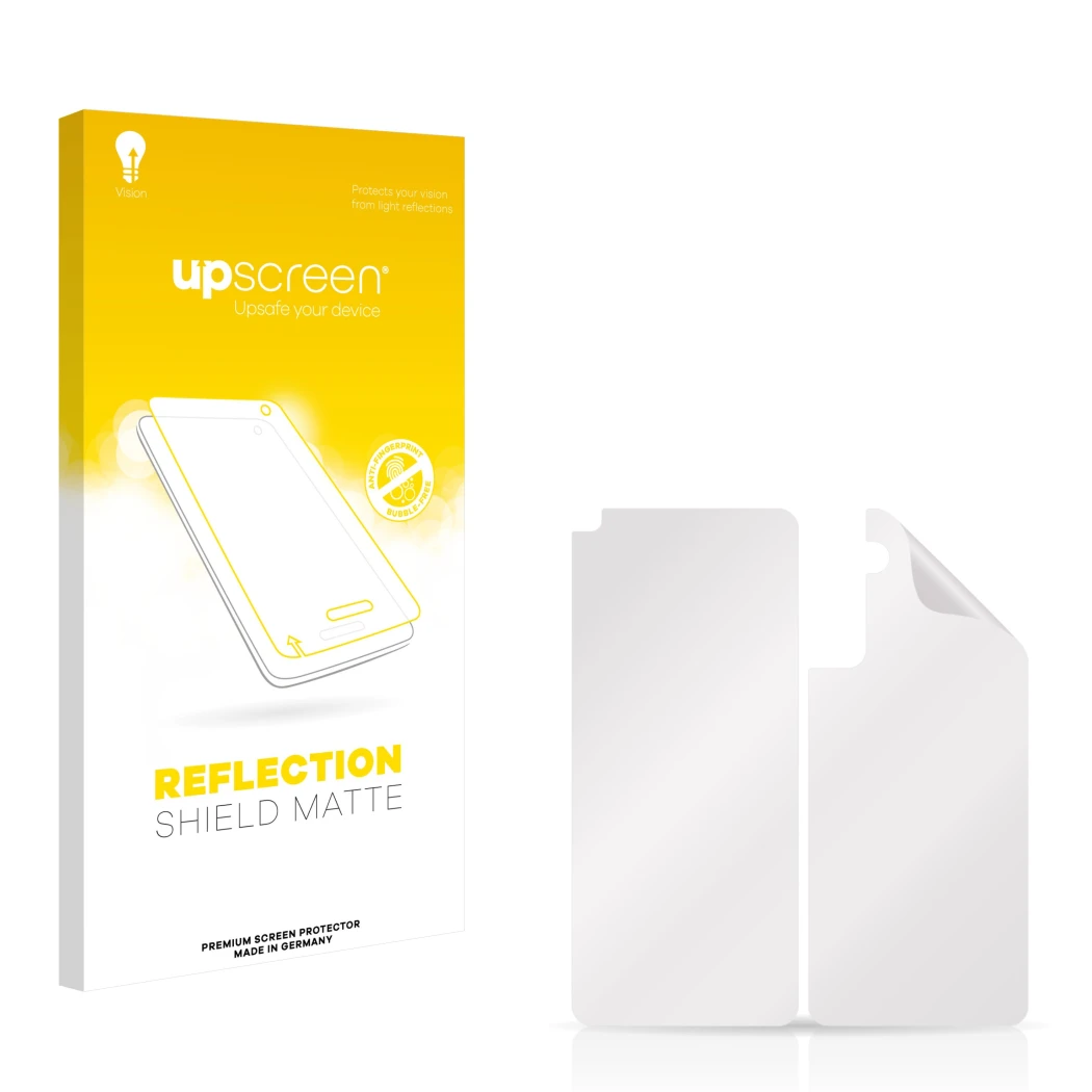Face avant d’un emballage produit avec le logo de la marque upscreen. À côté se trouve la protection d’écran correspondante.