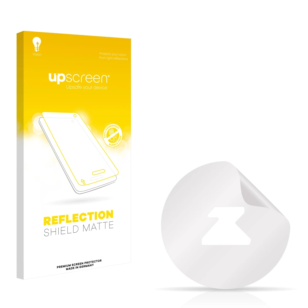 Face avant d’un emballage produit avec le logo de la marque upscreen. À côté se trouve la protection d’écran correspondante.
