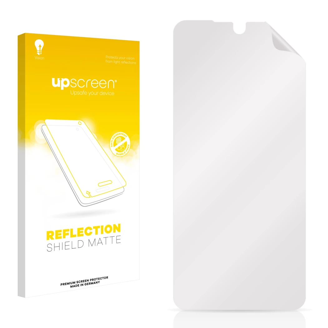Face avant d’un emballage produit avec le logo de la marque upscreen. À côté se trouve la protection d’écran correspondante.