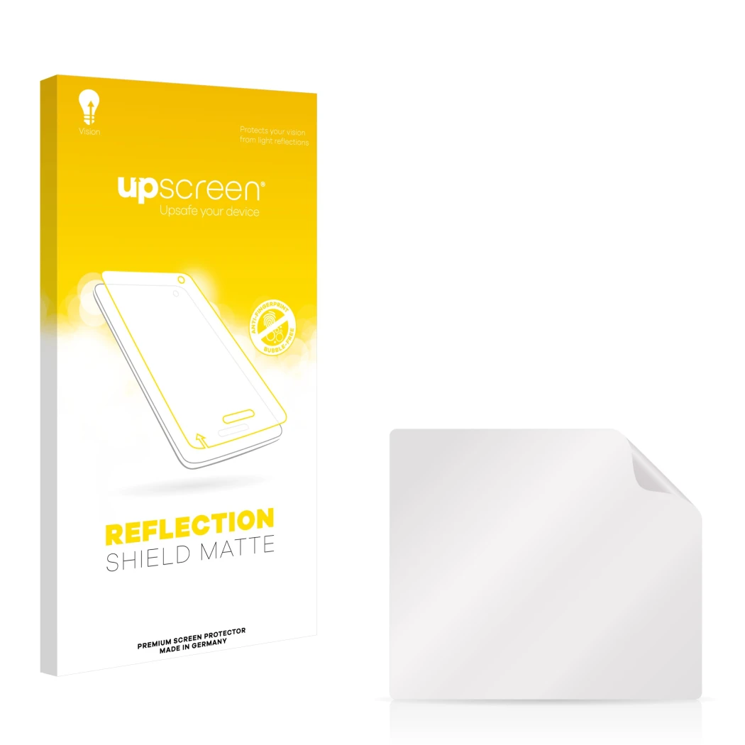 Face avant d’un emballage produit avec le logo de la marque upscreen. À côté se trouve la protection d’écran correspondante.