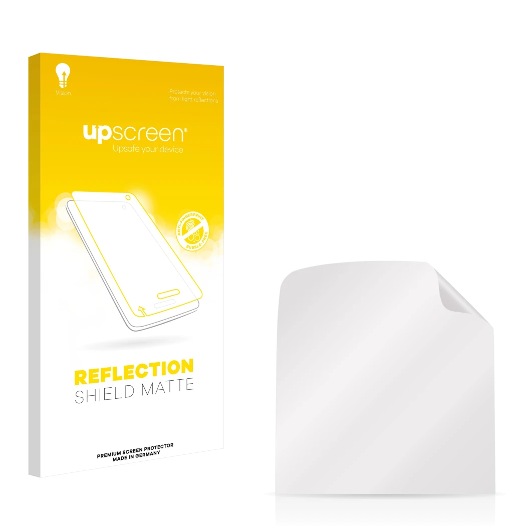Face avant d’un emballage produit avec le logo de la marque upscreen. À côté se trouve la protection d’écran correspondante.