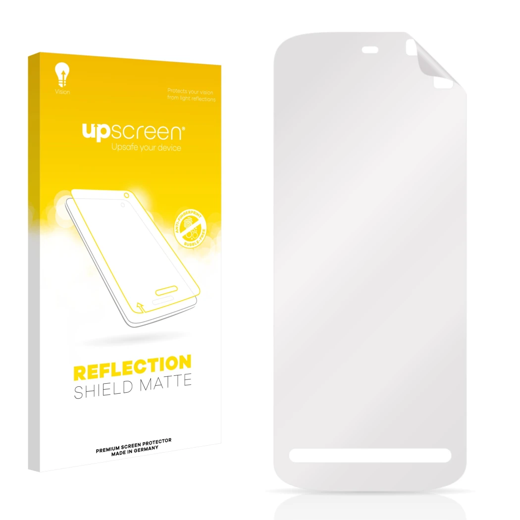 Face avant d’un emballage produit avec le logo de la marque upscreen. À côté se trouve la protection d’écran correspondante.