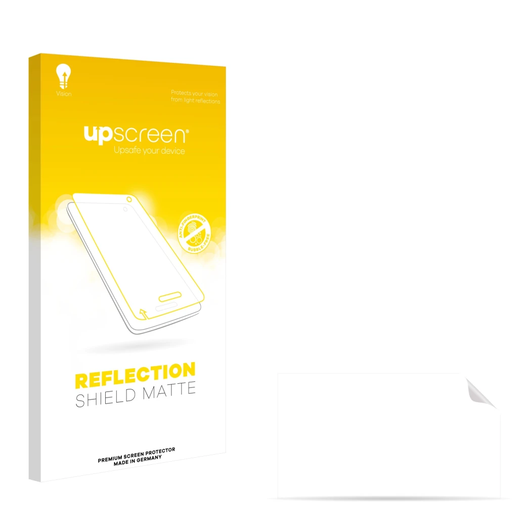 Face avant d’un emballage produit avec le logo de la marque upscreen. À côté se trouve la protection d’écran correspondante.