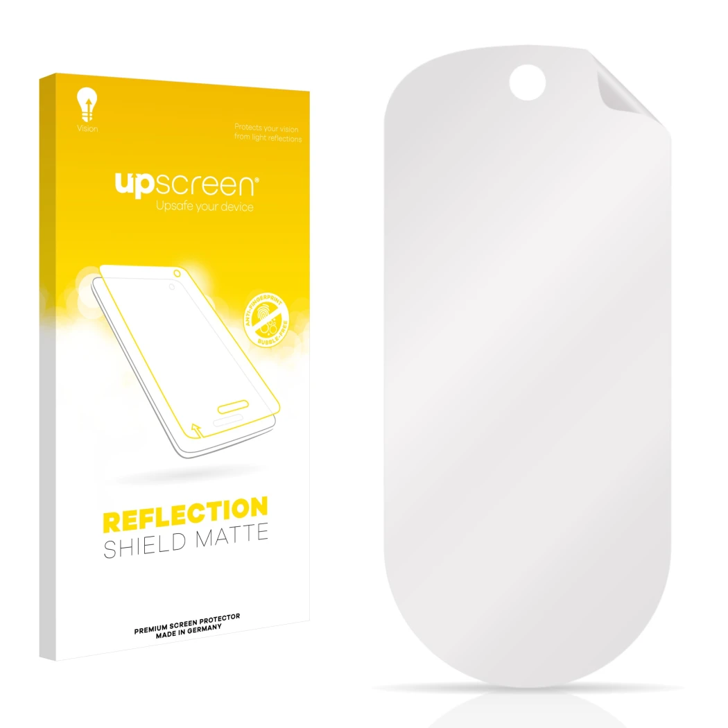 Face avant d’un emballage produit avec le logo de la marque upscreen. À côté se trouve la protection d’écran correspondante.