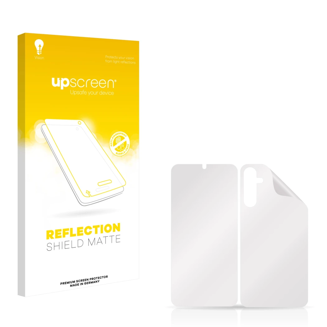 Face avant d’un emballage produit avec le logo de la marque upscreen. À côté se trouve la protection d’écran correspondante.