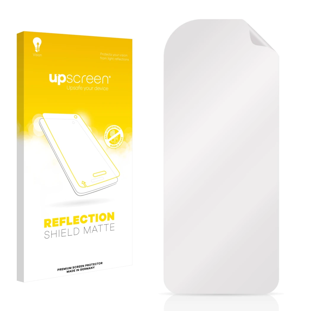 Face avant d’un emballage produit avec le logo de la marque upscreen. À côté se trouve la protection d’écran correspondante.