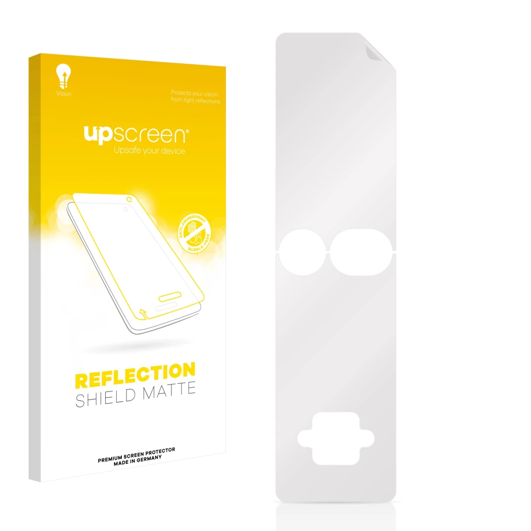 Face avant d’un emballage produit avec le logo de la marque upscreen. À côté se trouve la protection d’écran correspondante.