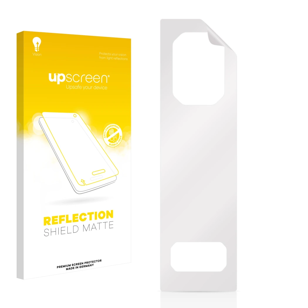 Face avant d’un emballage produit avec le logo de la marque upscreen. À côté se trouve la protection d’écran correspondante.