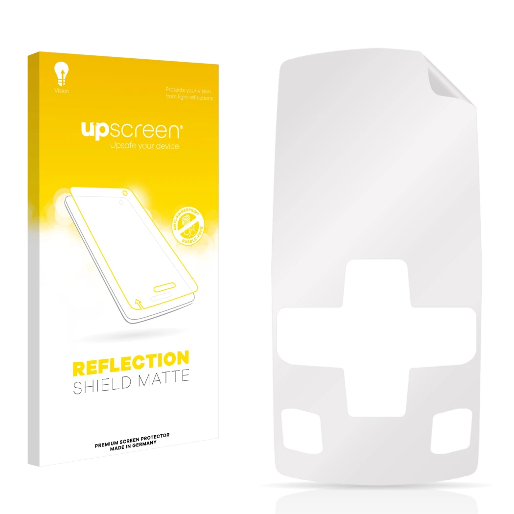 Face avant d’un emballage produit avec le logo de la marque upscreen. À côté se trouve la protection d’écran correspondante.