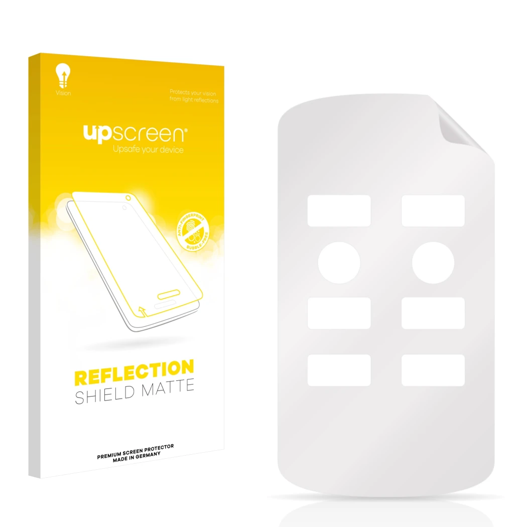 Face avant d’un emballage produit avec le logo de la marque upscreen. À côté se trouve la protection d’écran correspondante.