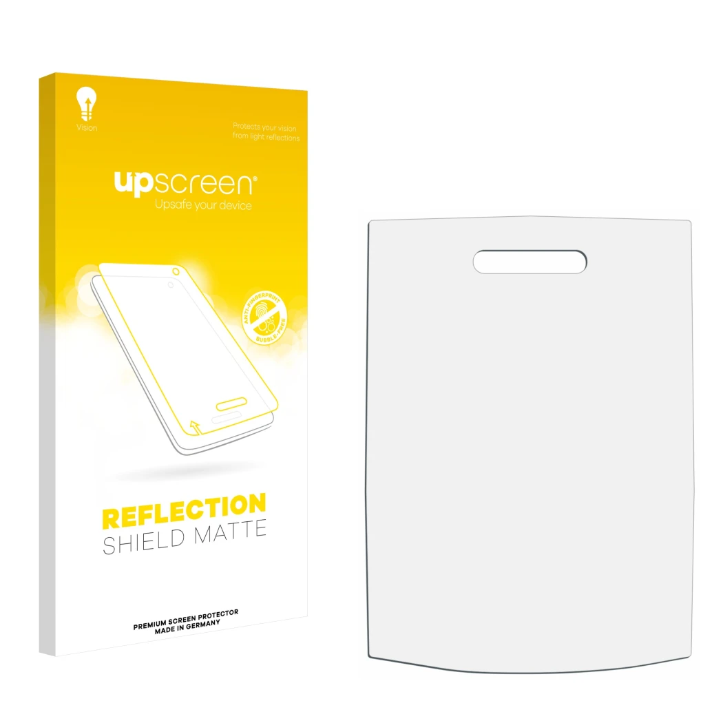 Face avant d’un emballage produit avec le logo de la marque upscreen. À côté se trouve la protection d’écran correspondante.