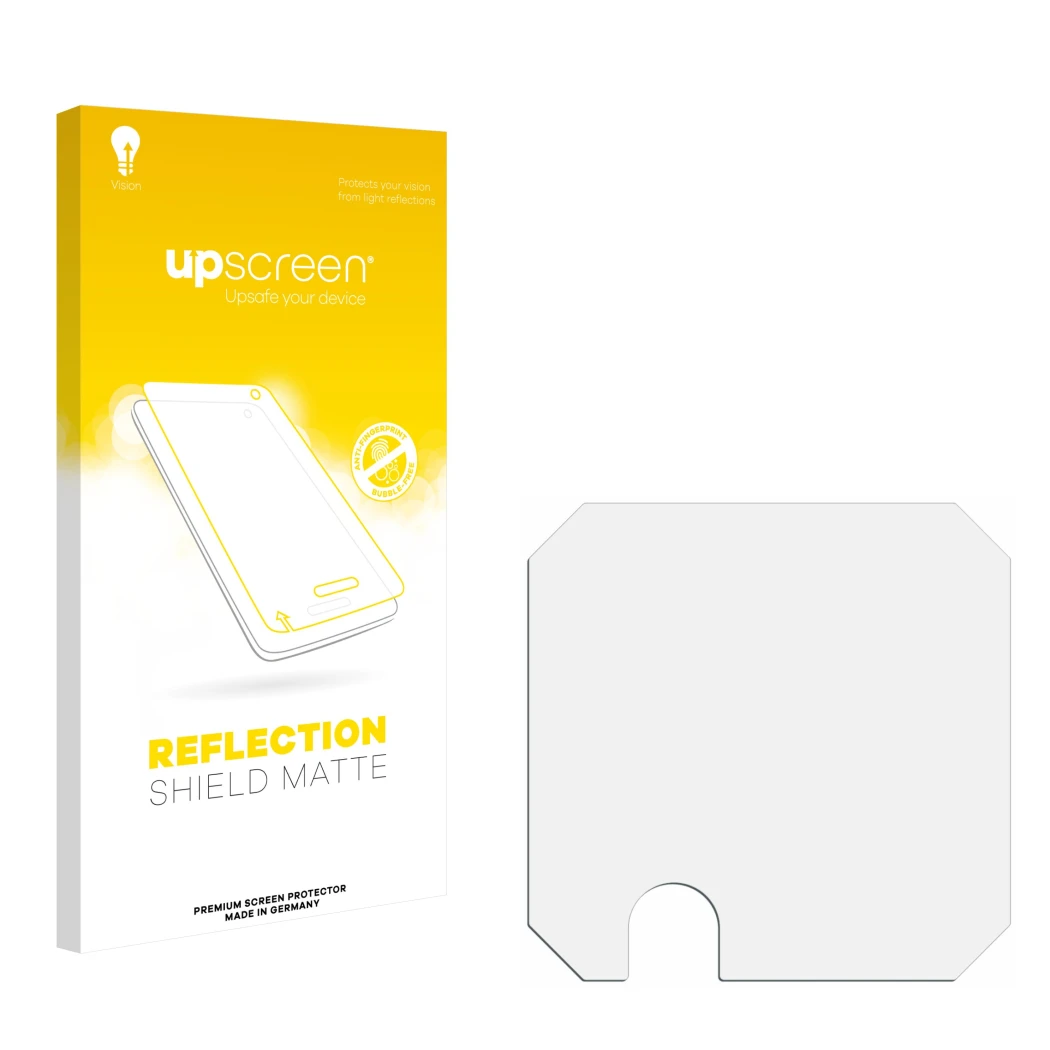 Face avant d’un emballage produit avec le logo de la marque upscreen. À côté se trouve la protection d’écran correspondante.