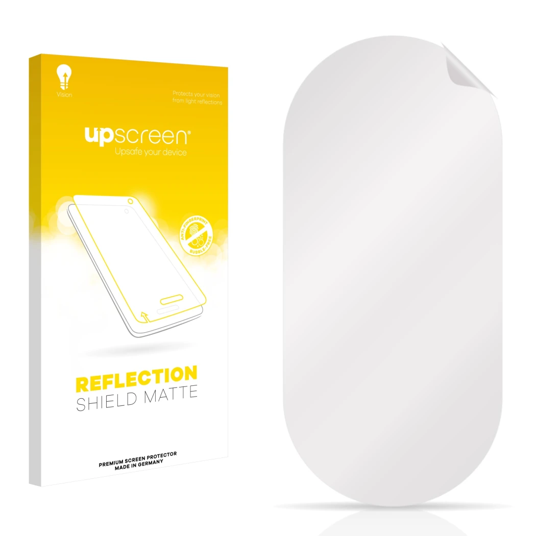 Face avant d’un emballage produit avec le logo de la marque upscreen. À côté se trouve la protection d’écran correspondante.