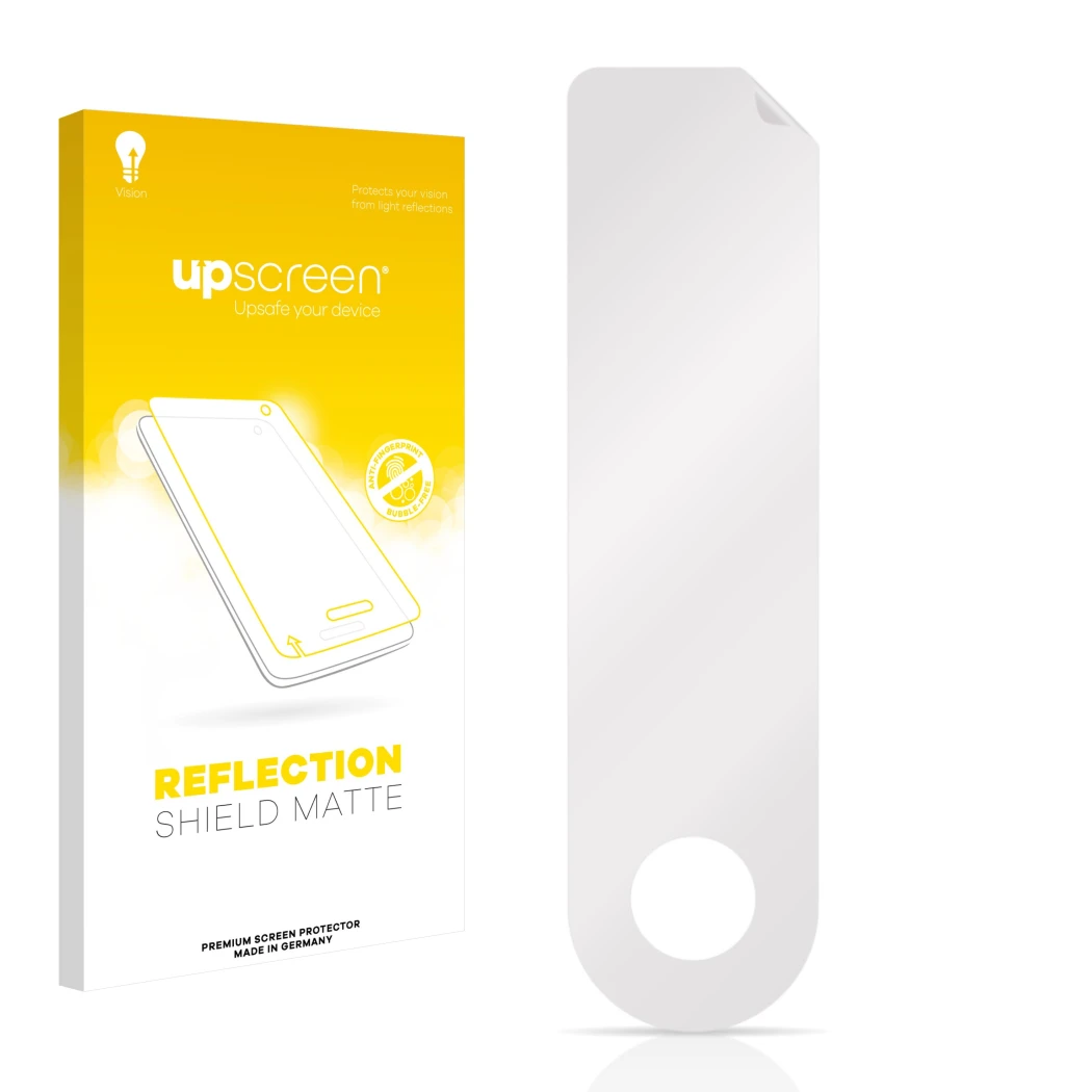 Face avant d’un emballage produit avec le logo de la marque upscreen. À côté se trouve la protection d’écran correspondante.