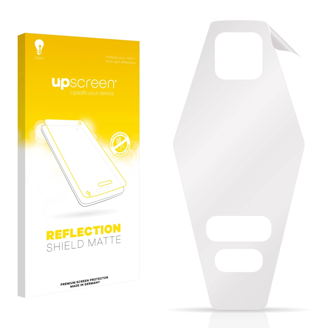 Face avant d’un emballage produit avec le logo de la marque upscreen. À côté se trouve la protection d’écran correspondante.