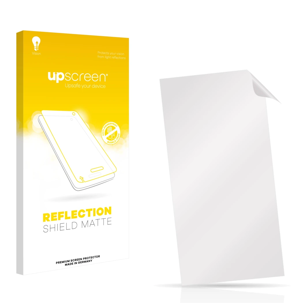Face avant d’un emballage produit avec le logo de la marque upscreen. À côté se trouve la protection d’écran correspondante.