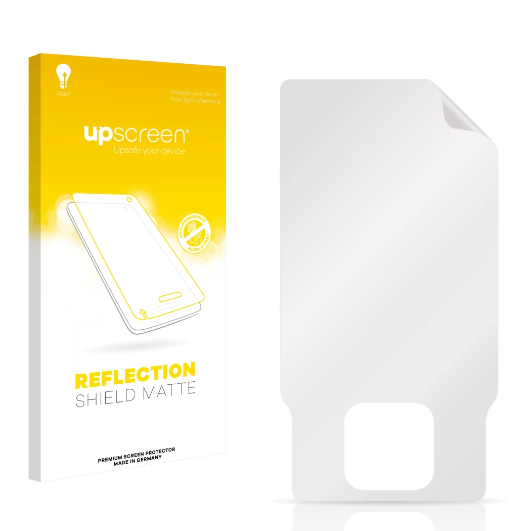 Face avant d’un emballage produit avec le logo de la marque upscreen. À côté se trouve la protection d’écran correspondante.