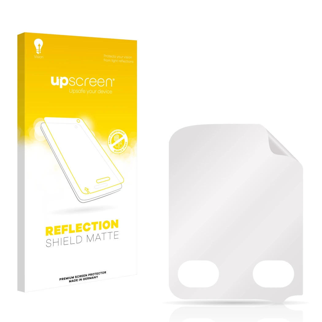 Face avant d’un emballage produit avec le logo de la marque upscreen. À côté se trouve la protection d’écran correspondante.