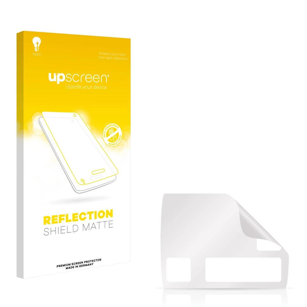 Face avant d’un emballage produit avec le logo de la marque upscreen. À côté se trouve la protection d’écran correspondante.
