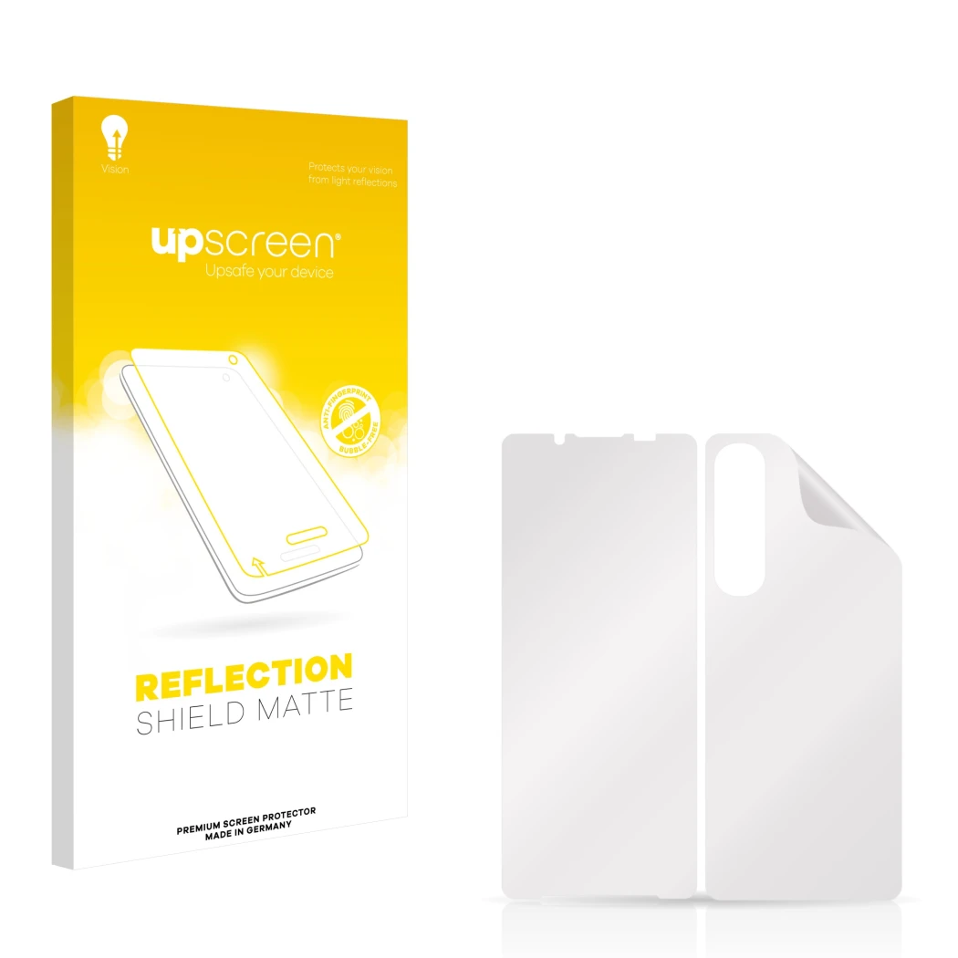 Face avant d’un emballage produit avec le logo de la marque upscreen. À côté se trouve la protection d’écran correspondante.