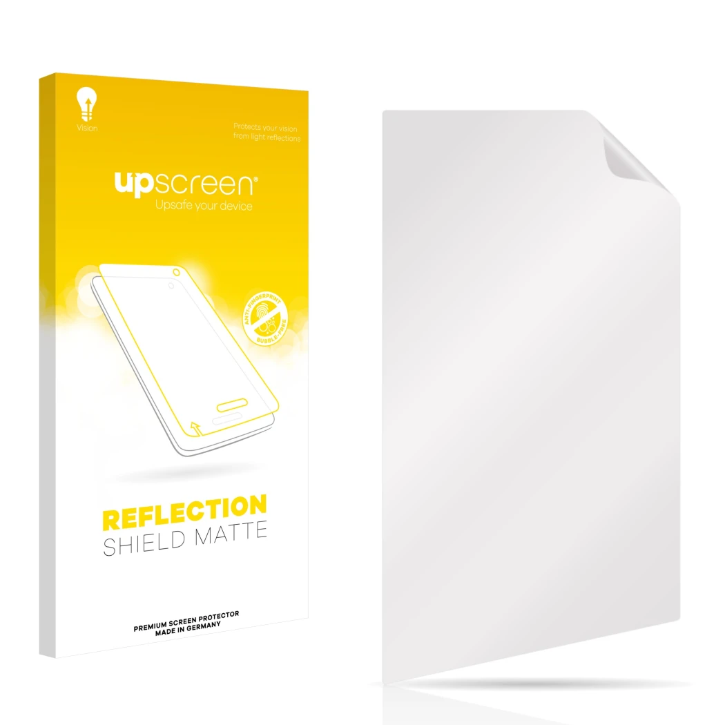 Face avant d’un emballage produit avec le logo de la marque upscreen. À côté se trouve la protection d’écran correspondante.